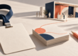 Illustrazione concettuale con badge, schede contatto e uno stand in miniatura
