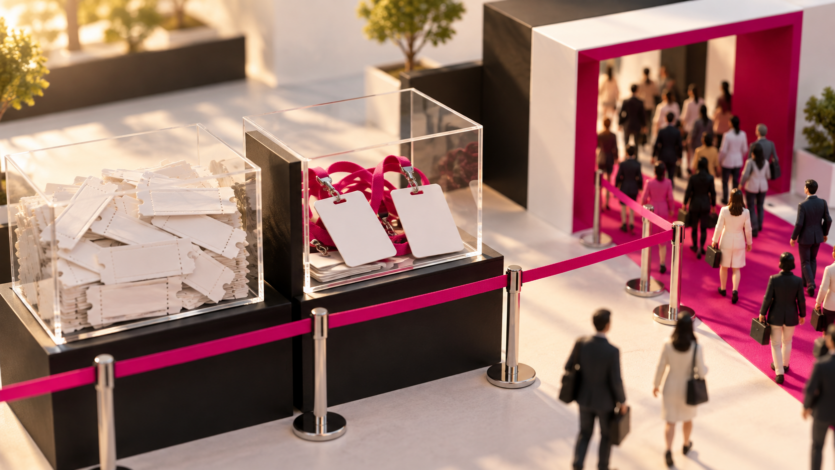 Illustrazione concettuale con biglietti e badge all’ingresso di una fiera