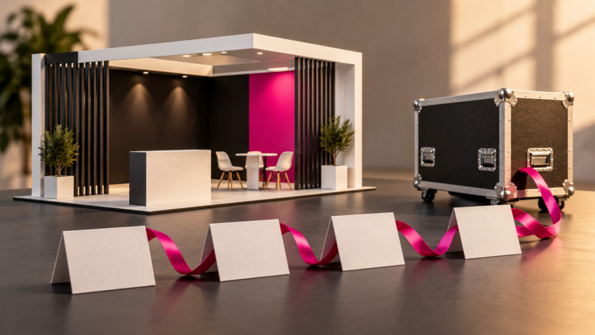 Illustrazione concettuale di uno stand con valigia e più appuntamenti