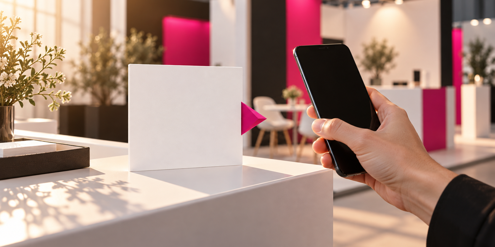Illustrazione concettuale di una scheda su un desk e un telefono, senza QR code reale