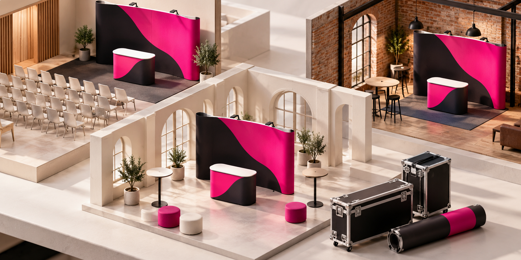 Illustrazione concettuale dello stesso kit espositivo in tre sedi indoor differenti