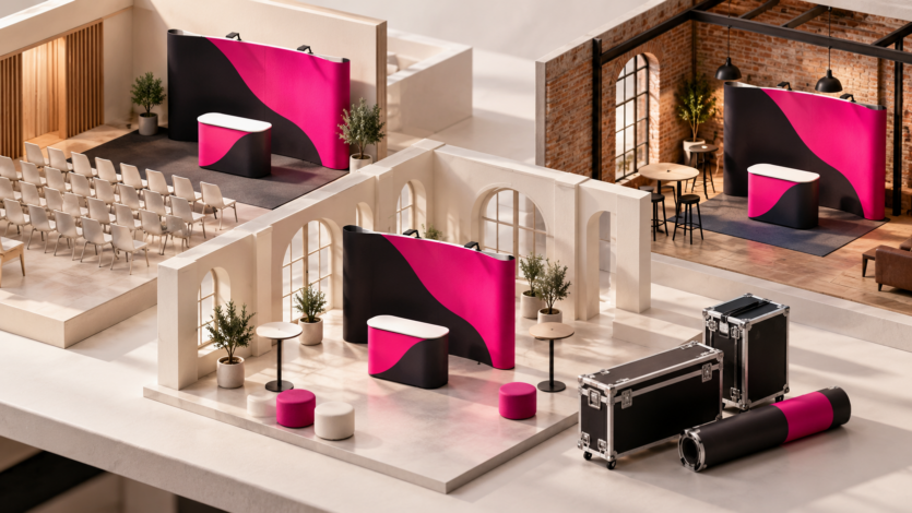 Illustrazione concettuale dello stesso kit espositivo in tre sedi indoor differenti